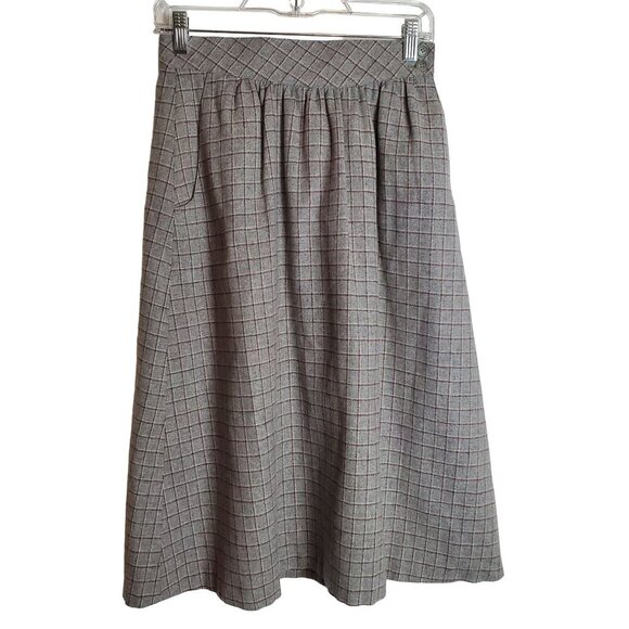 Vintage‎ Pan-her 26 Wool Blend A-line Midi Skirt Window Pane Plaid Pockets Gray - Picture 1 of 9